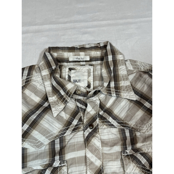 BKE Buckle Mens Large Brown Plaid Snap Long Sleeve Shirt Slim Fit Button Up - Picture 3 of 7
